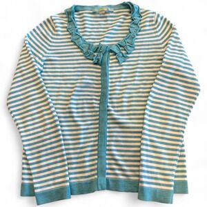 Boden 100% Cotton Striped Ruffle Trim Cardigan Teal‎ & White Women's Size 10